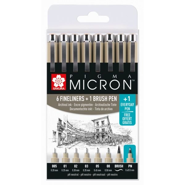 Pochette de 6 feutres Pigma Micron + 1 feutre Brush et 1 every day pen offerts