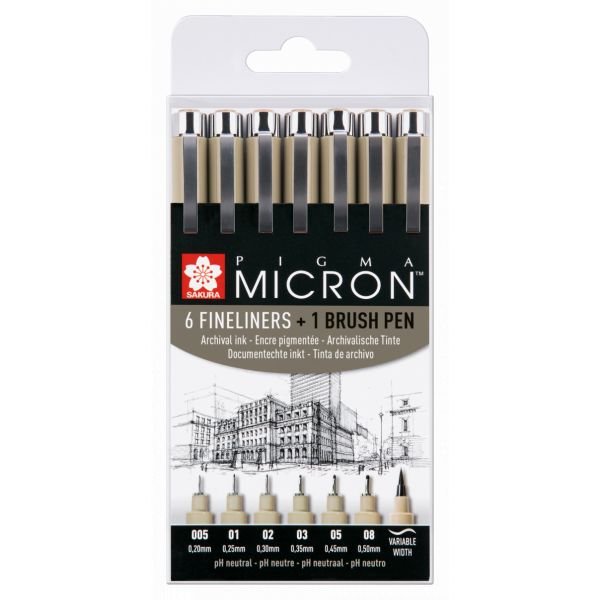 Pochette de 6 feutres Pigma Micron + 1 feutre Brush offert